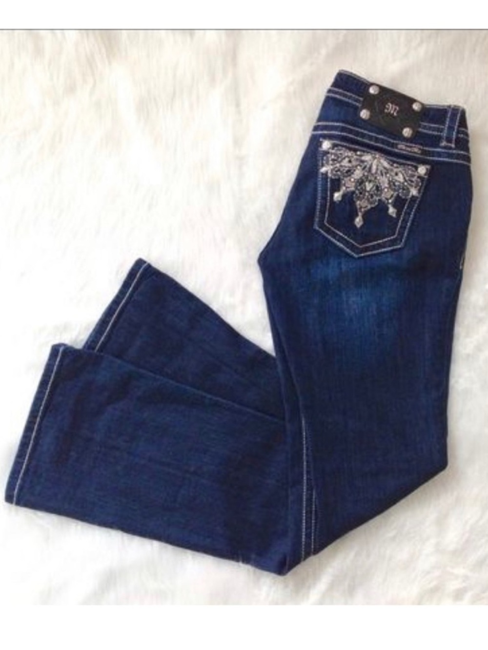 Miss Me Signature Boot Cut Crop Bling Jeans Dark Wash Size 27